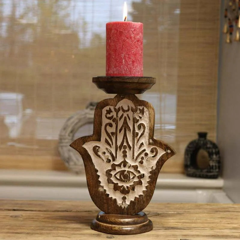 Mango Wood Candle Stand - Hamsa-0