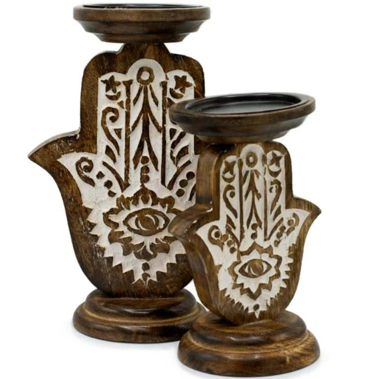 Mango Wood Candle Stand - Hamsa-3
