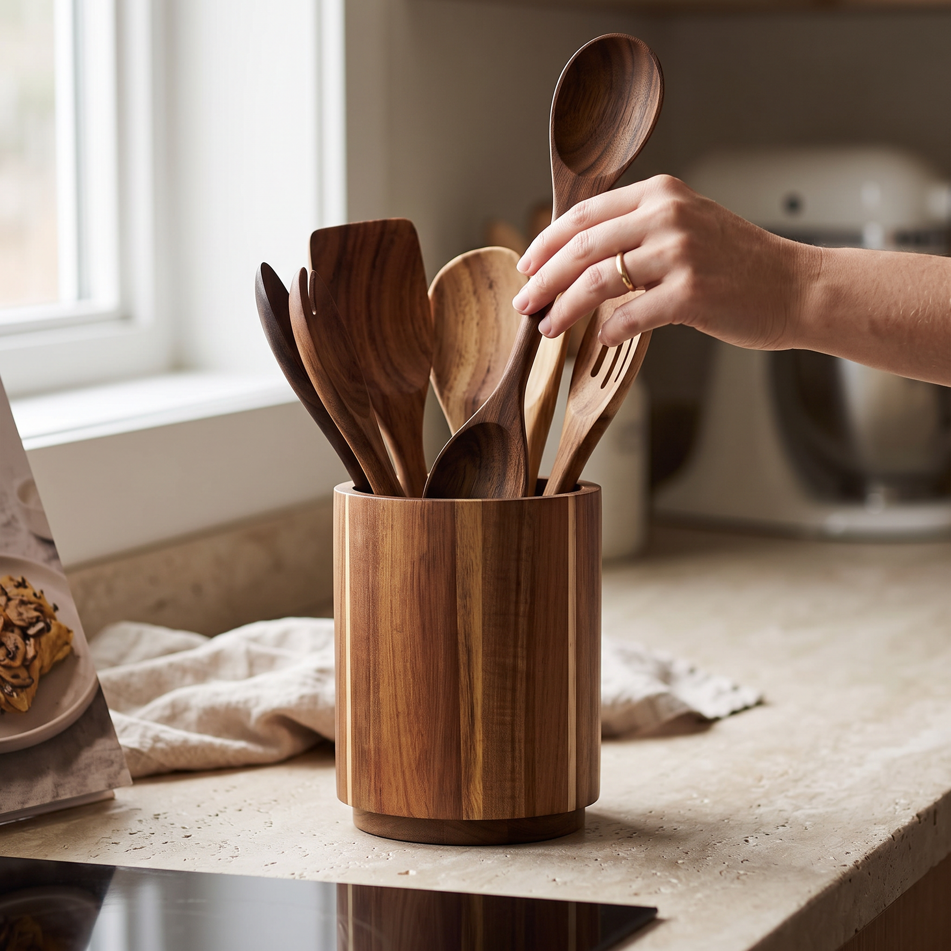 Rotating Acacia Wood Utensil Holder