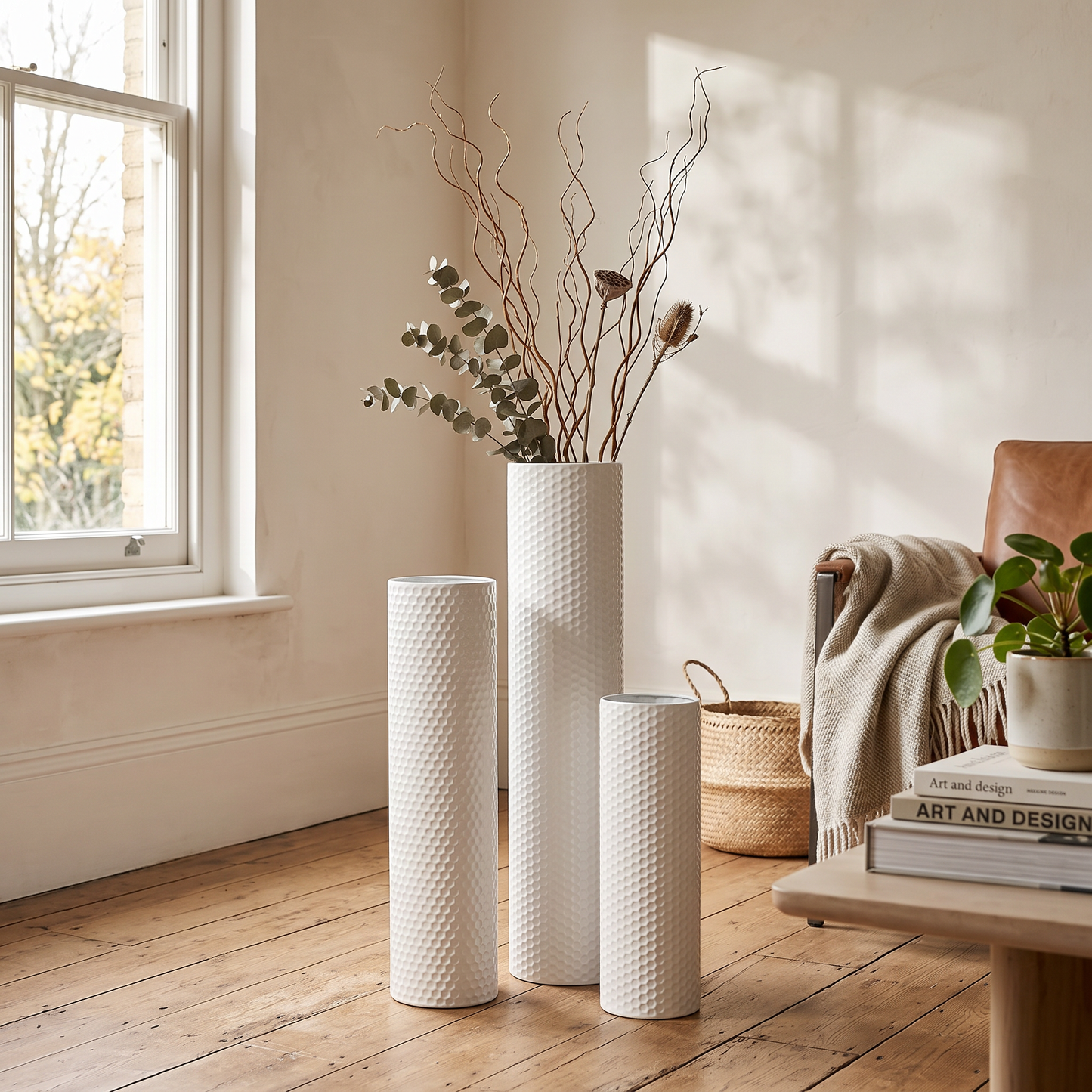 White Metal Floor Vases Set of 3