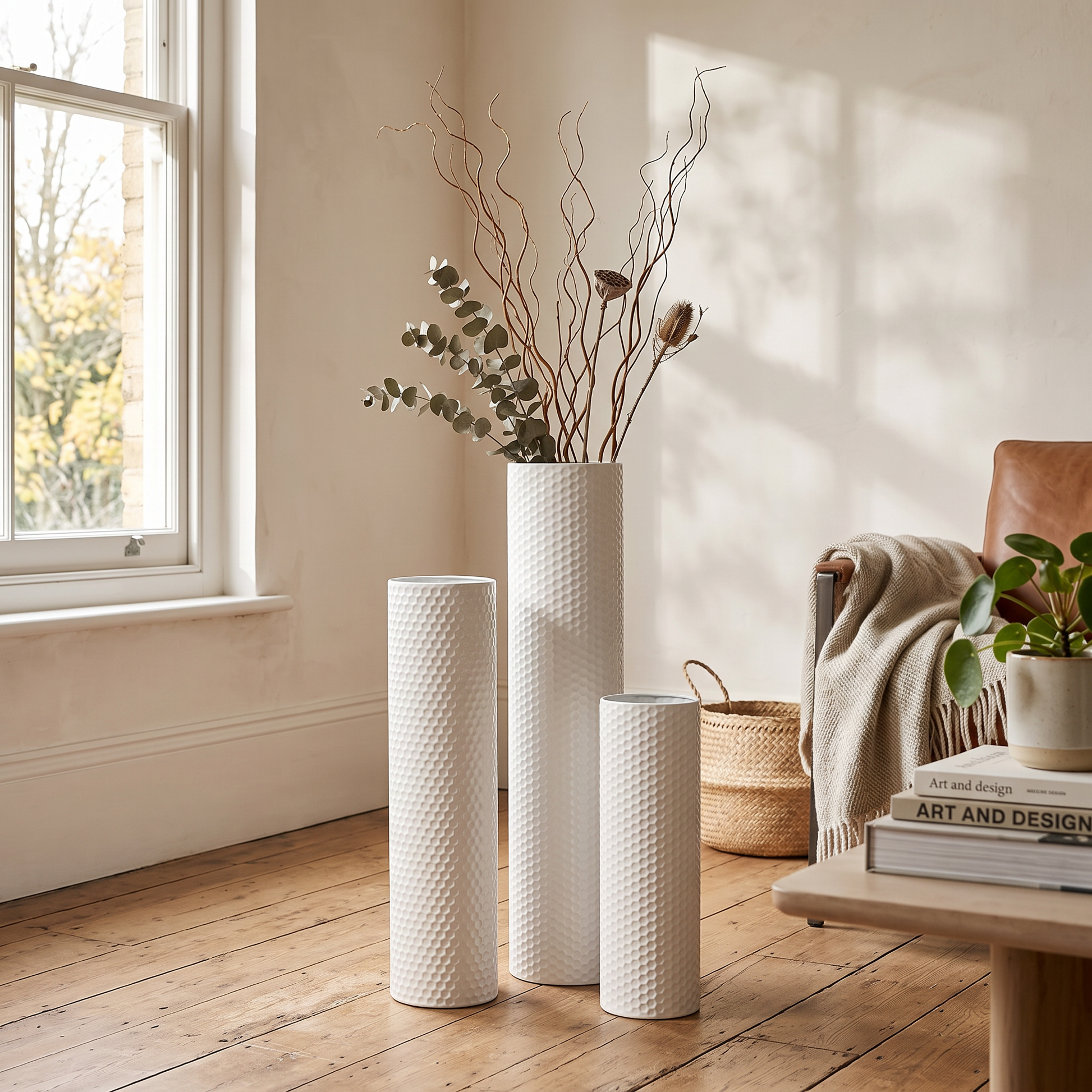 White Metal Floor Vases Set of 3