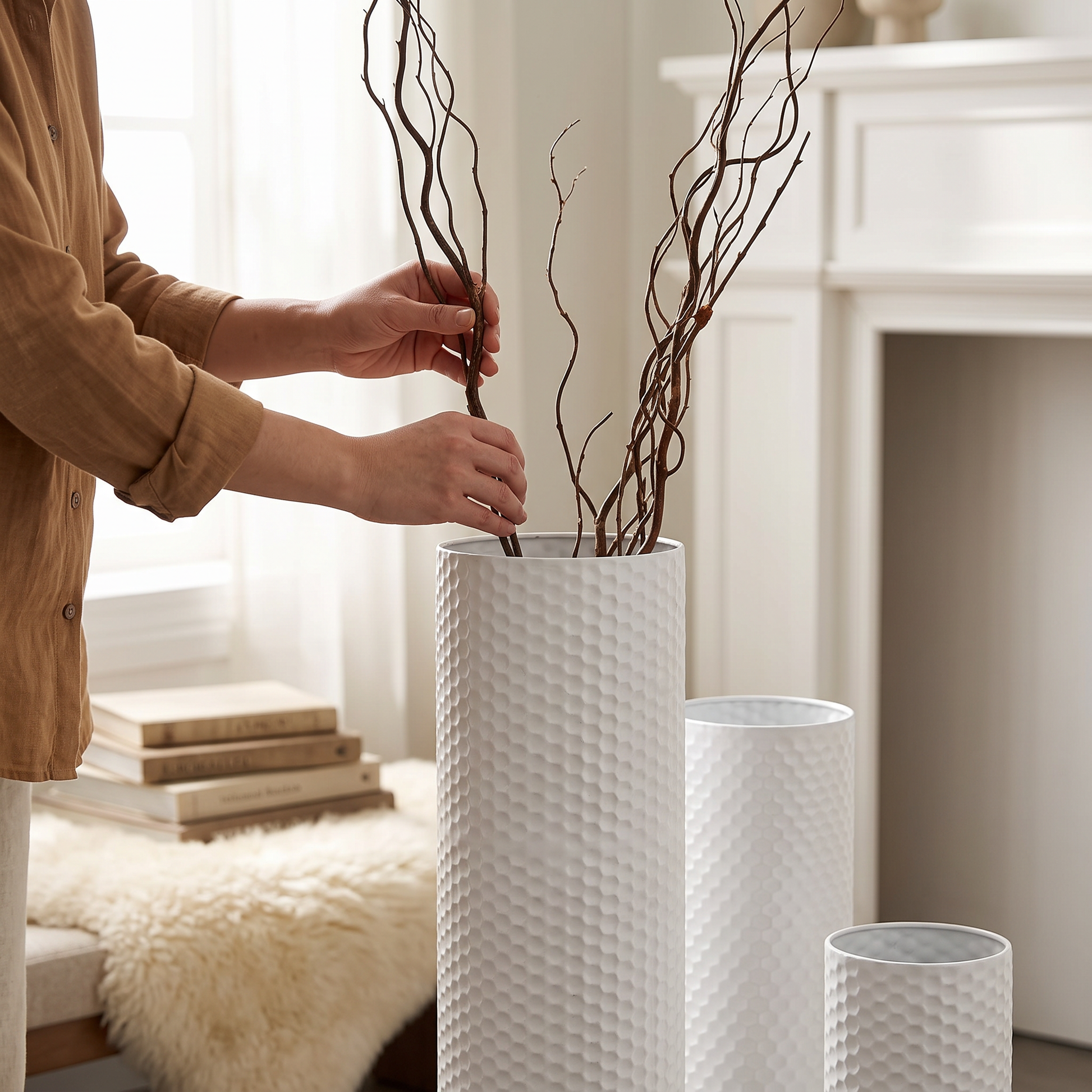 White Metal Floor Vases Set of 3