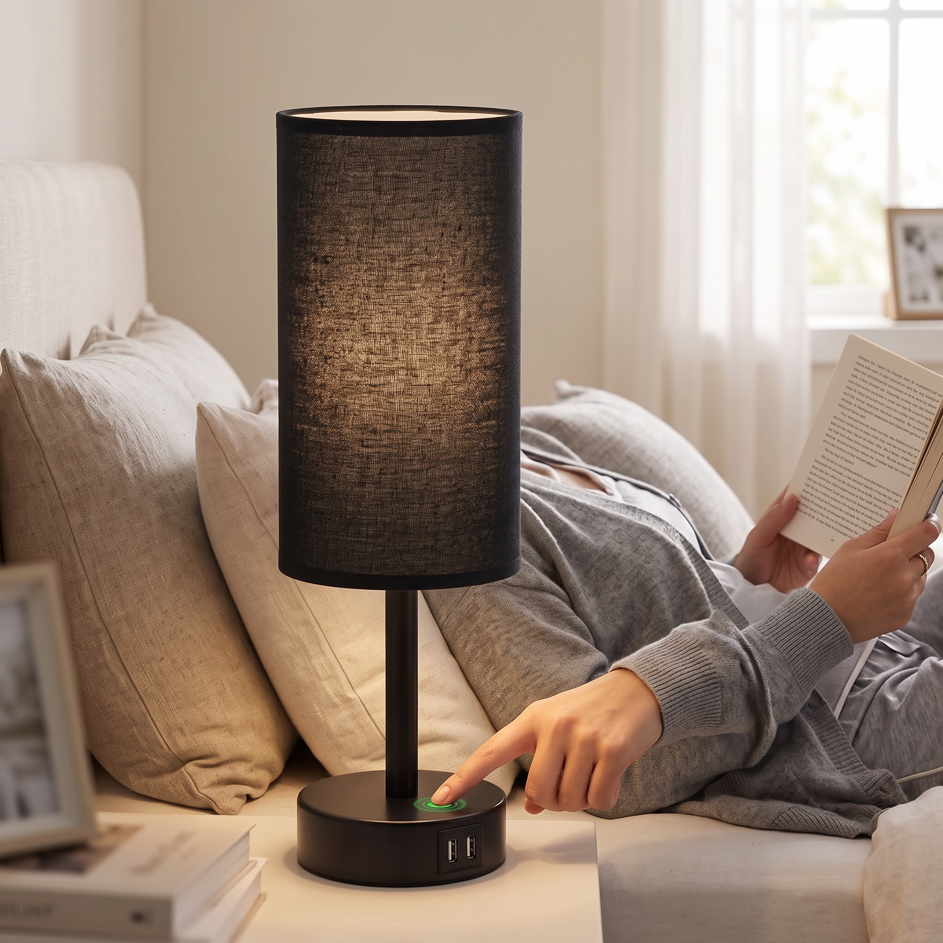 Dimmable Bedside Lamp with Fabric Shade