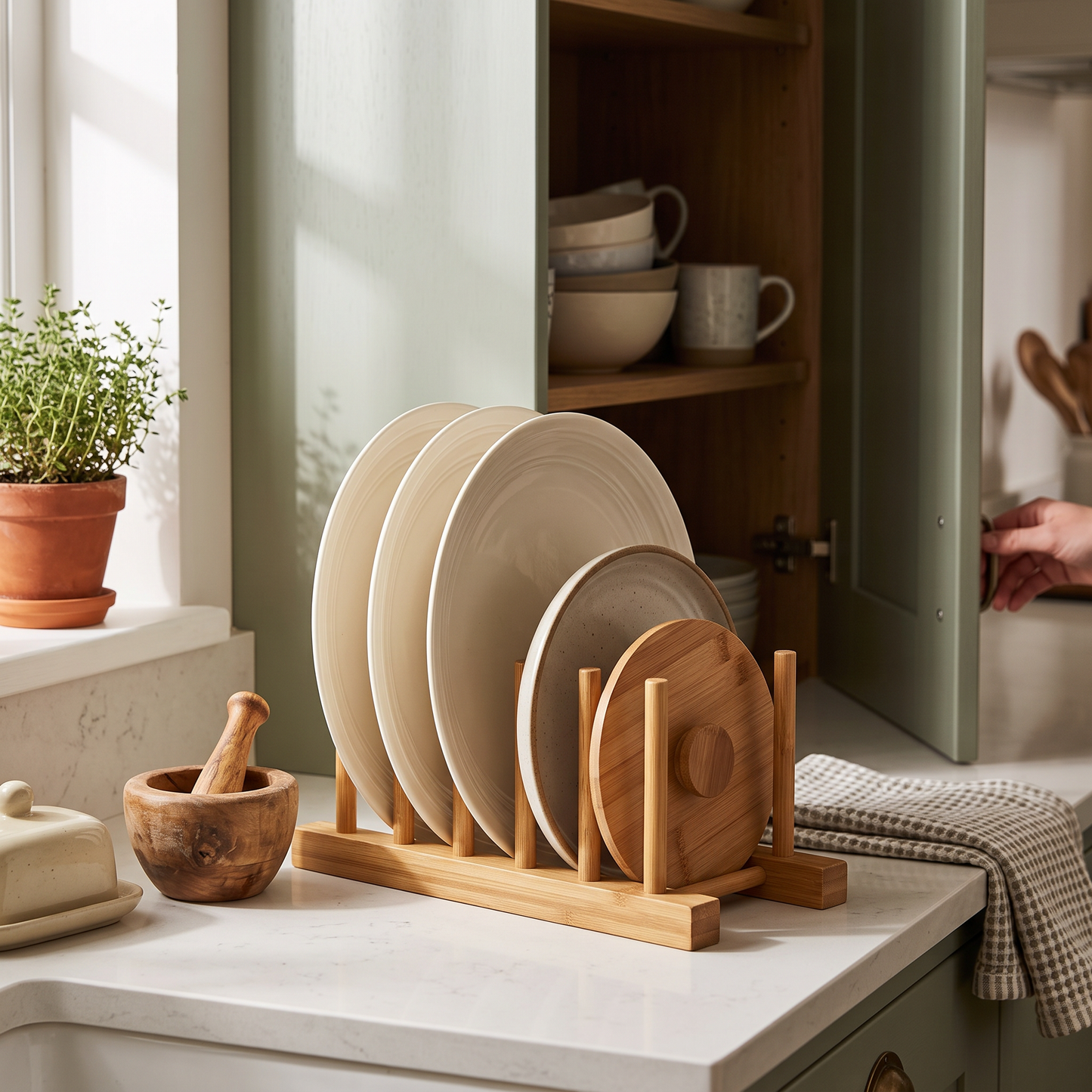 Wooden Plate & Lid Storage Rack
