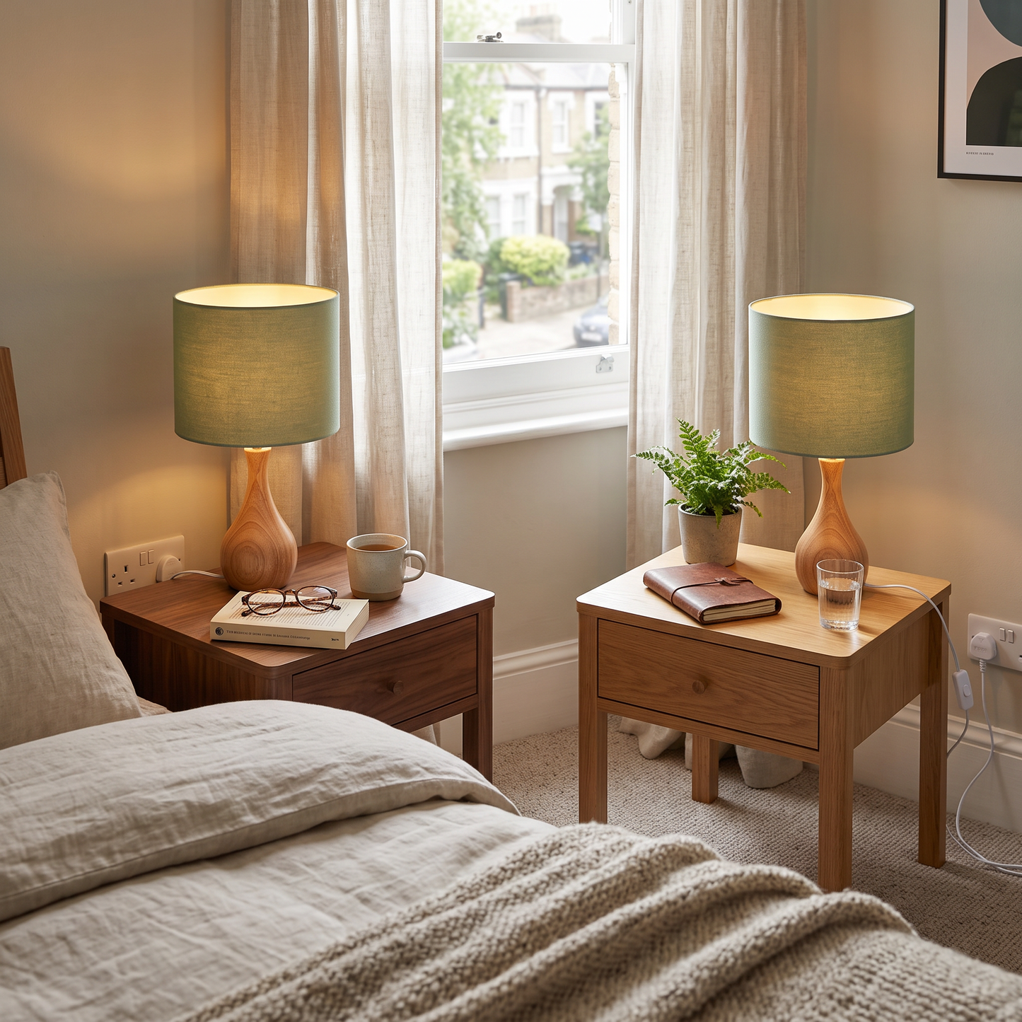 Sage Green Wood Table Lamps Set of 2