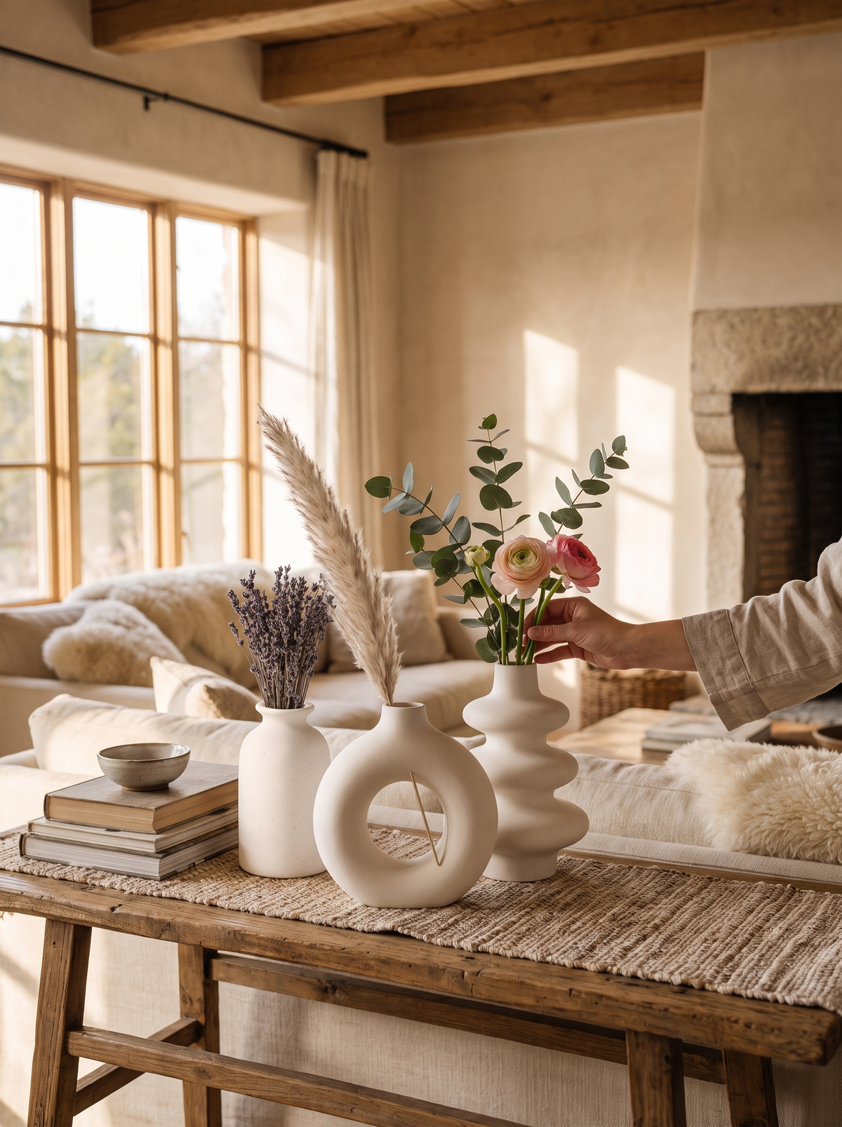 White Ceramic Boho Vase Set lifestyle 2