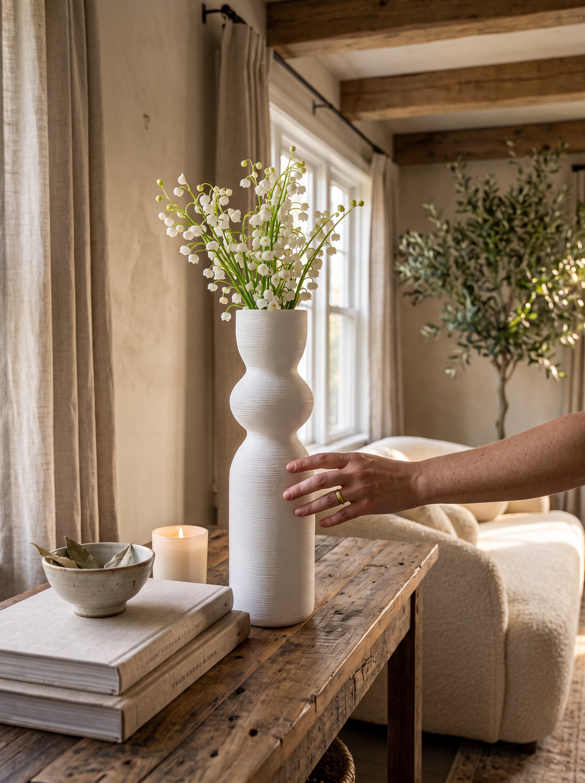 White Ceramic Tall Vase lifestyle 1