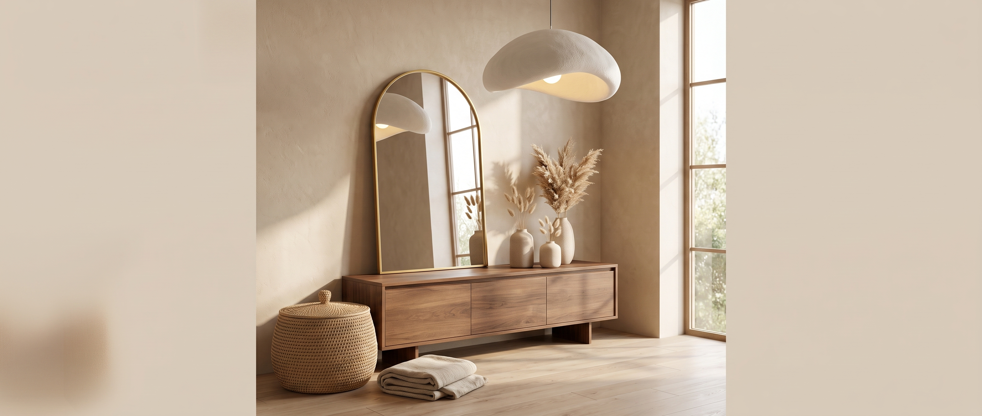 Luma Living homepage hero banner option 1 - styled vignette with gold arch mirror, ceramic vases, rattan basket with lid, and pendant light