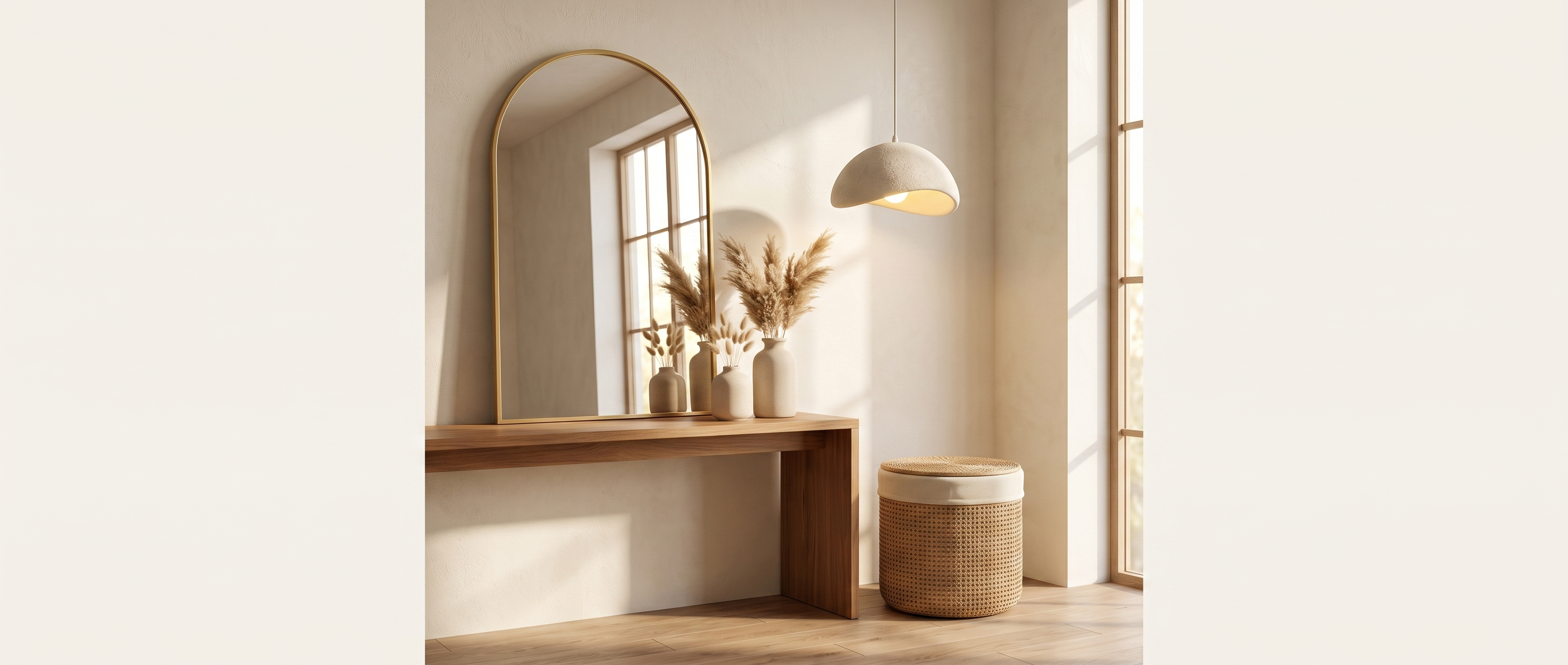 Luma Living homepage hero banner option 2 - styled vignette with gold arch mirror, ceramic vases, rattan basket with lid, and pendant light